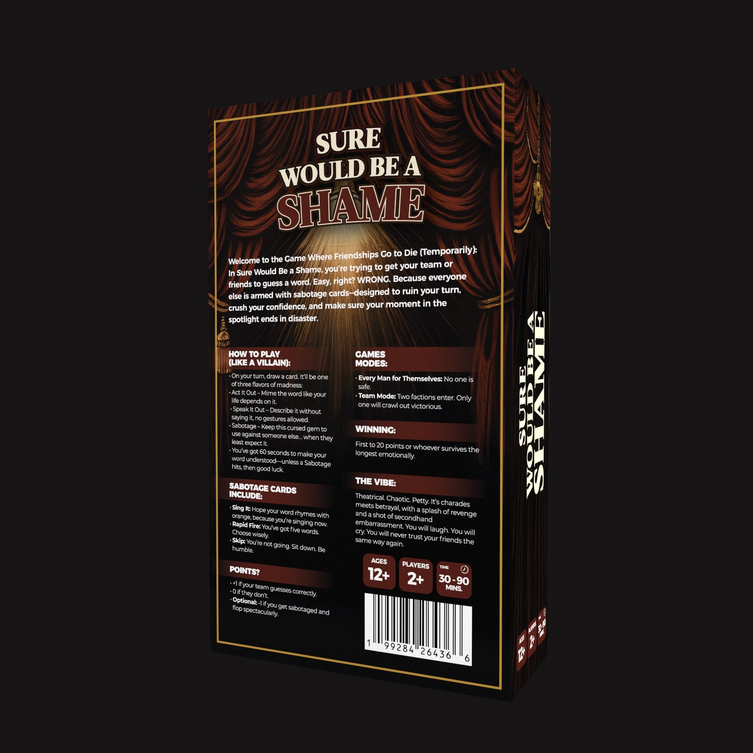 Back of the Sure Would Be a Shame card game box showing chaotic gameplay details and bold party-themed design